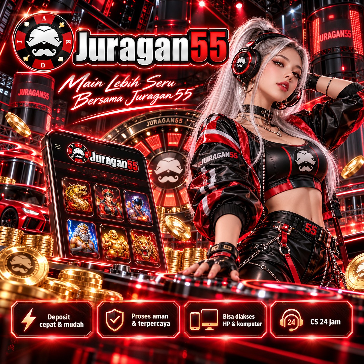 Banner utama JURAGAN55 JOIN: ilustrasi promosi merah dan hitam